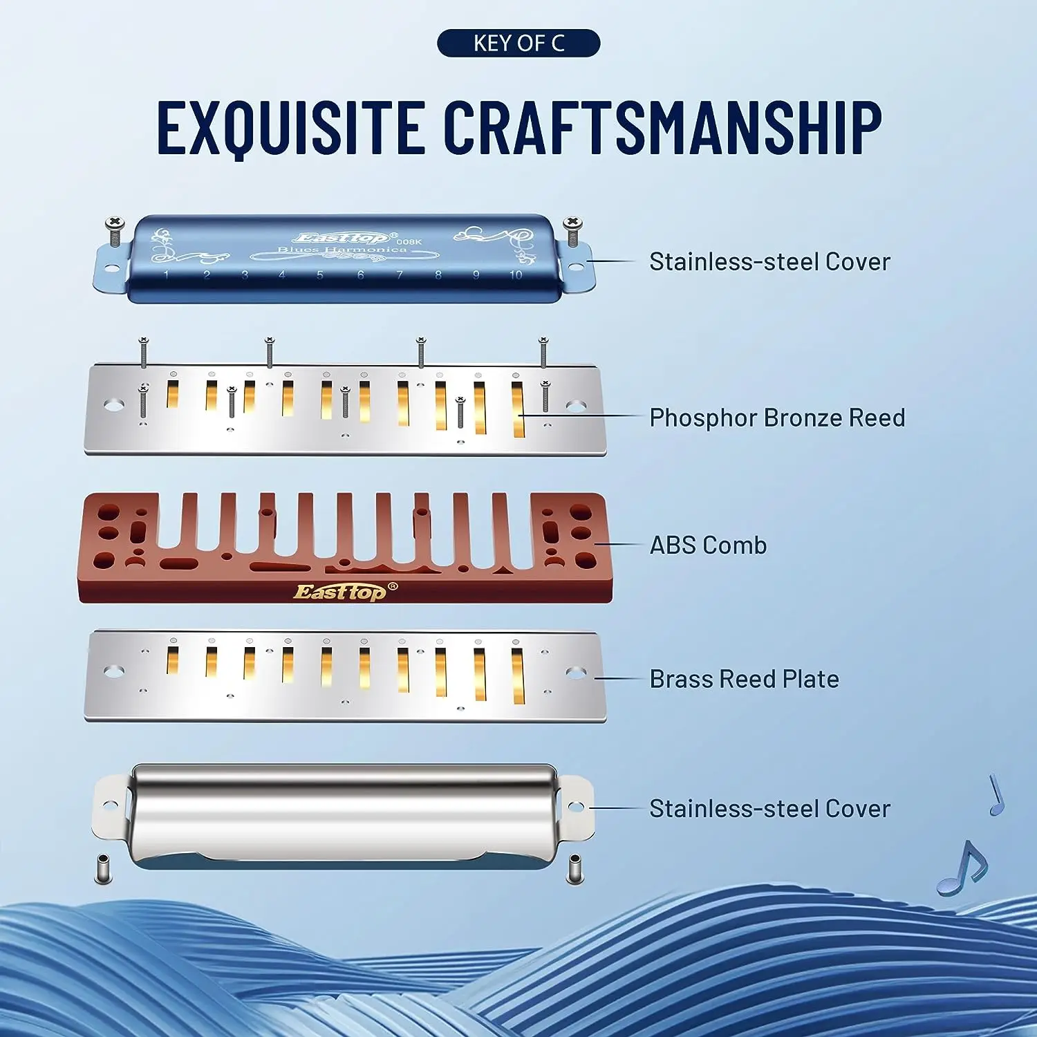 Armonica A Bocca A 10 Fori 20 Tonalità Di C Blues Organo A Bocca Strumento Musicale Per Principianti Blu - Foto 9