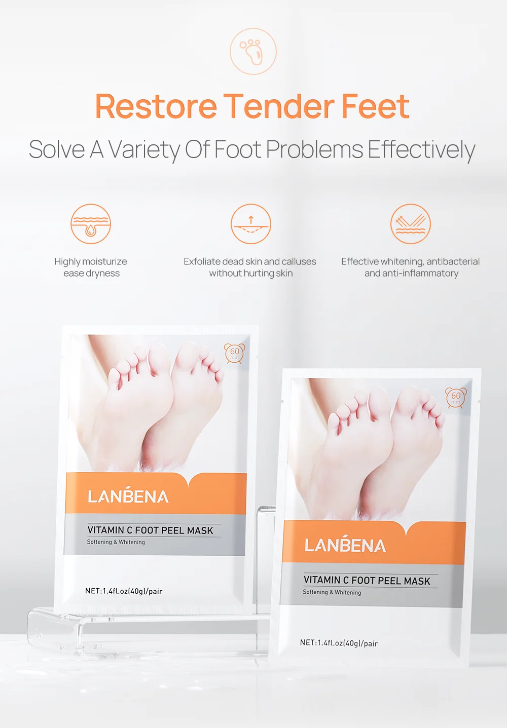 LANBENA New Arrival Vitamin C Exfoliating Whitening Foot Mask  Moisturizing Foot Peel Mask