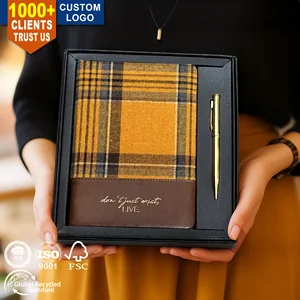 Luxury Gift Packaging A5 A6 Custom Branded PU Leather Office Supplies Fashionable Check Pattern Wholesale Plaid Fabric Notebook