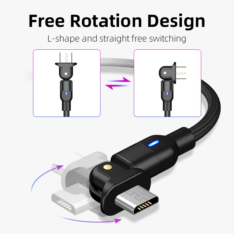 Оптовая продажа вращающийся на 180 градусов Micro USB кабель для передачи данных мобильного телефона USB-кабель быстрой зарядки нейлоновый