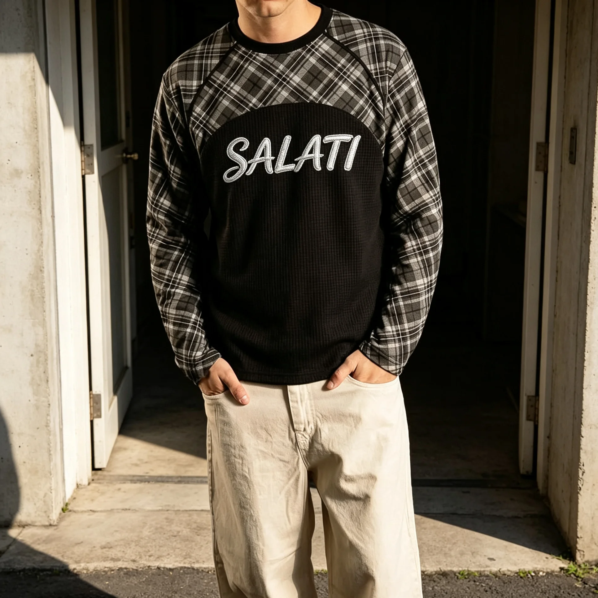 Custom 2-in-1 Layered Hooded T-shirt Unisex Winter Streetwear Mesh Jersey Oversized with Plaid Print Lined Washed gallery 6