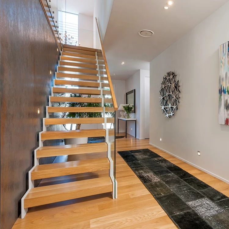 Zig Zag Stringer Wood Step Staircase With White Stair for Building Project