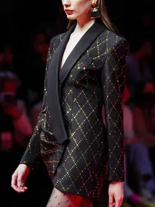 OEM ODM New Women's Black & Gold Rhinestone Diamond-Pattern Blazer - Velvet Lapel Stylish Party Formal Suit Jacket