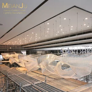 Luxury Modern Art Floating Ribbon Glass Chandelier with Stainless Steel Rod Tube for Hotels Contemporary Pendant Lights