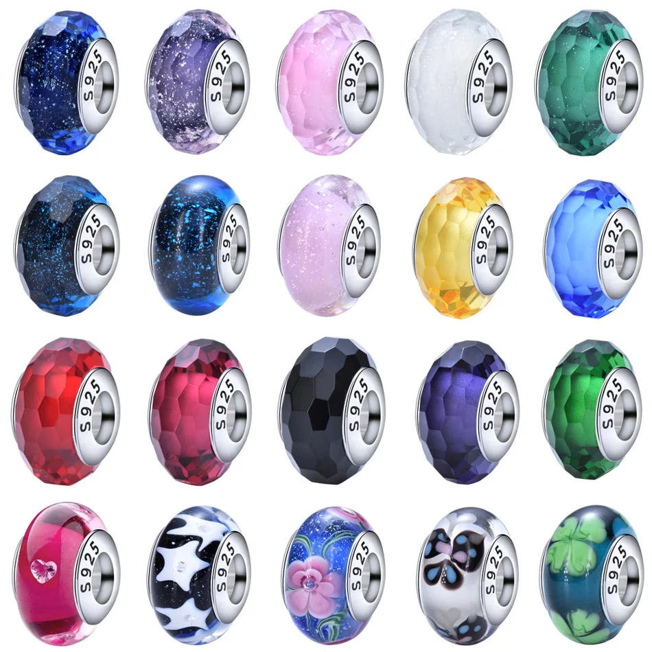 Wholesale Sterling Silver Murano Glass Charms Beads For Snake Bracelets Women Jewelry Making Heart Star Flower Murano Charms