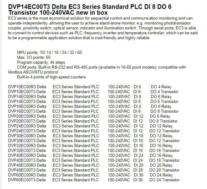 DVP40EC00T3 Delta EC3 Series Standard PLC DI 24 DO 16 Transistor 100-240VAC new