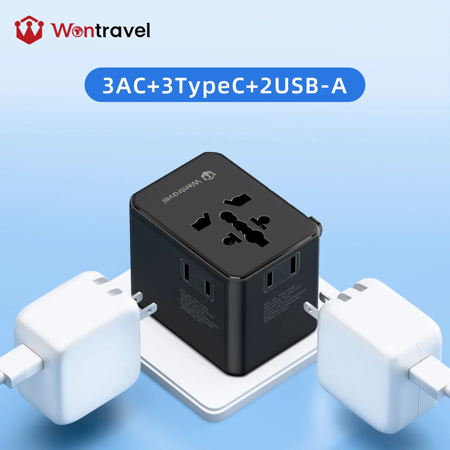 Wontravel 70W GaN Fast Charging Electric Plug 3AC Sockets Global Universal Travel Adapter Mobile Phones for Travel