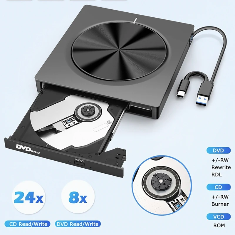 Multi-Functional 5Gbps 7-in-1 Optical DVD-RW CD-RW Drive Burner External CD USB 3.0 Type-C Writer Player for Laptop & Notebook