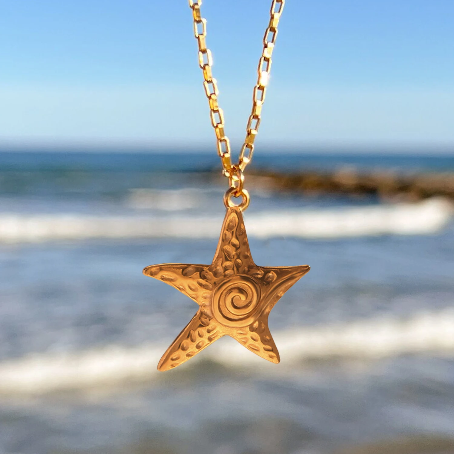 Ocean Surfer Sea Star Pendant Waterproof Beach Jewelry Starfish Necklace  Stainless Steel 18k Gold Plated Summer Necklace