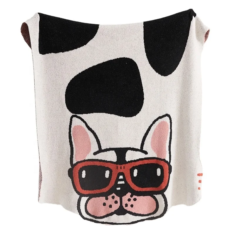 Hot Selling 100% Polyester Jacquard Cartoon Franse bulldog microvezel gebreide dekens voor thuisdecoratie bank KFD