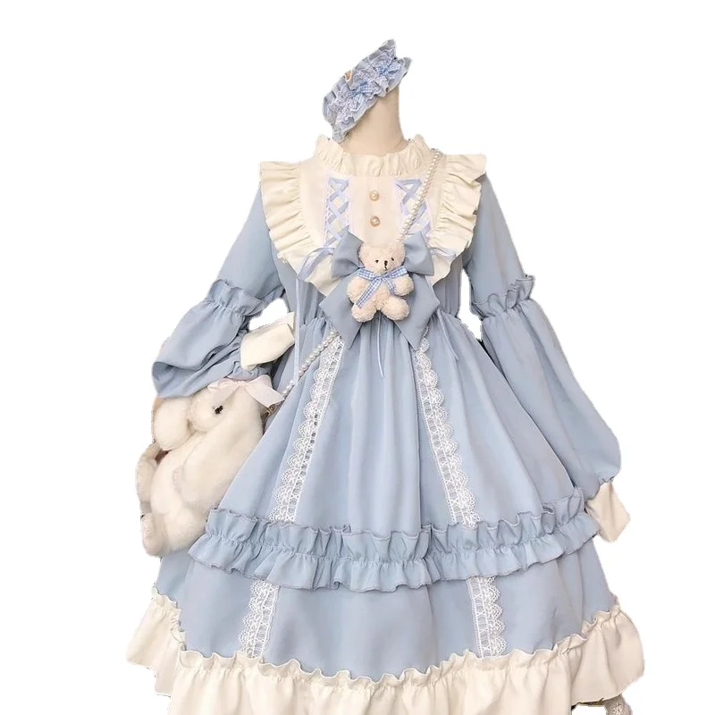 French Gothic Lolita Dress Women Kawaii Bow Bear Lace Blue Dress Long Sleeve Princess Dresses Halloween Costume Gift for Girls French Gothic Lolita Dress Women Kawaii Bow Bear Lace Blue Dress Long Sleeve Princess Dresses Halloween Costume Gift for Girls