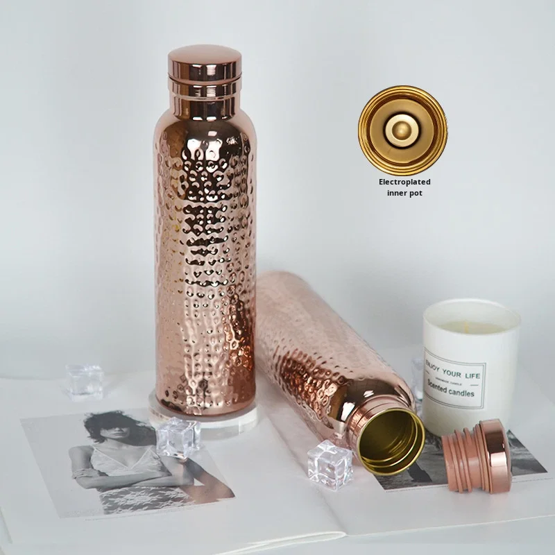 Luxury Plating Copper Water Bottle 22 OZ Stainless Steel Lab-Tested Ayurveda Copper Drinking Copper Vessel Bottle for Women Men