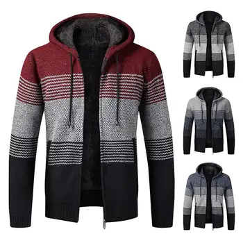 autumn and winter new men's plus velvet thickened color matching sweater large size hot selling men's jacket hooded cardigan