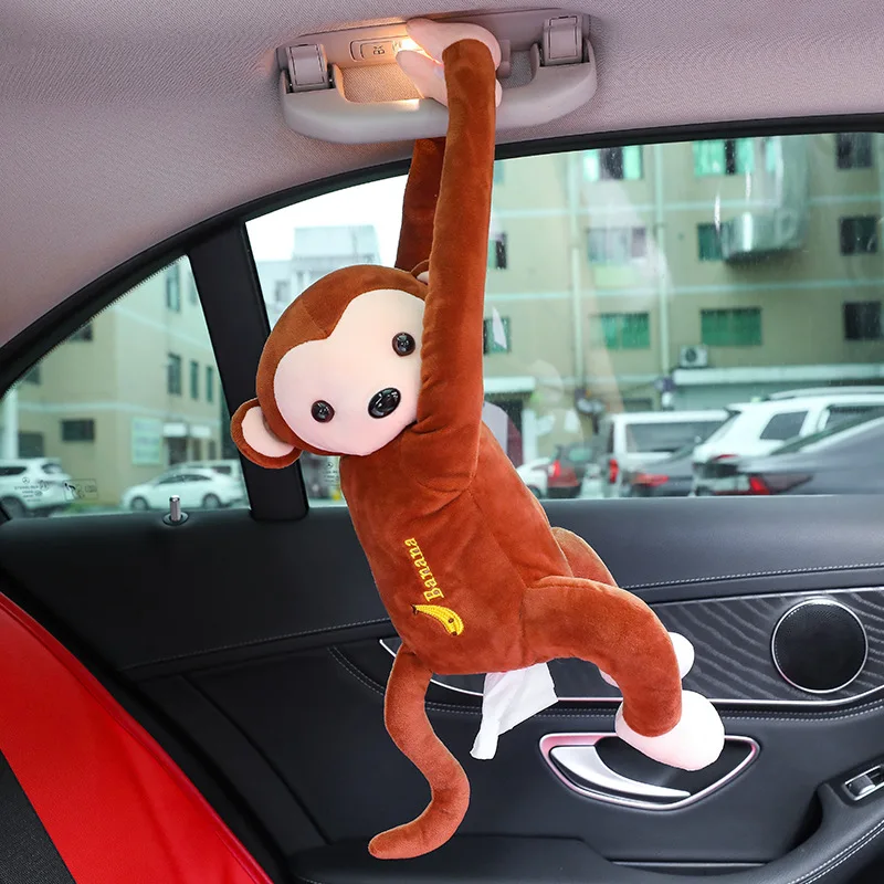 Rubyu Car Tissue Box Holder Cute Plush Hanging Car Seat Back Tray Big Face Monkey For Car Home Interior Decoration Creatived Monkey Car Hanging Tissue Box 