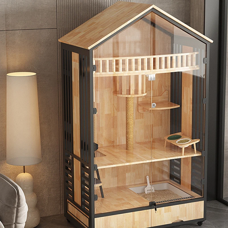 Panoramic Luxury Home Large Pet Indoor Japanese Style Cat House Cabinet Solid Wood Cat Villa Cage