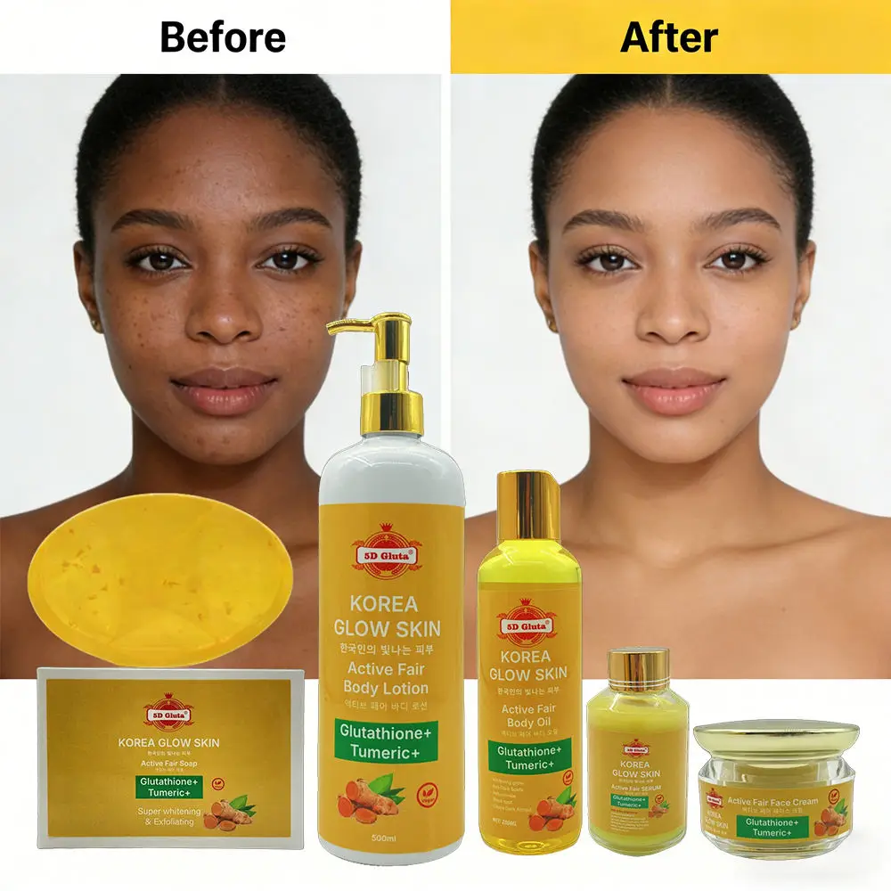Oem Korea Glow Skin Whitening Set Tumeric Oil Body Lotion Face Cream Glutathione Brightening Skin Care Set For Dark Skin