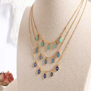 TRENDY Boho Blue Devil Eyes Pendant Necklace for Women Delicate 18K Gold PVD Stainless Steel OT Clasp Link Chain
