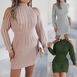 2025 Autumn and Winter Women's Casual Off-the-Shoulder Semi-High Neck Cable Knit Lantern Sleeve Bodycon Sweater Dress