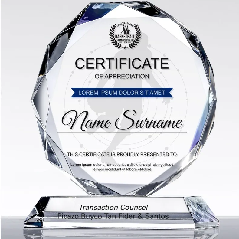 New Design Cheapest Octagon Diamond Shape Glass Crystal Award for Authorization Medal