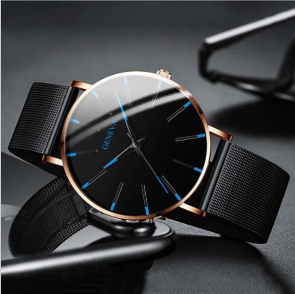 Orologio Uomo Ultra Sottile Minimalista - Cinturino In Maglia Acciaio Inox, Quadrante Nero, Impermeabile, Unisex
