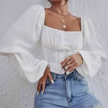 Spring Summer Button Front Long Sleeve Plain Crop Tops Elegant Ladies Square Neck Lantern Sleeve Ruched Crop Blouse