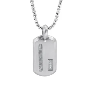 Muonionalusta Meteorite Pendant Stainless Steel with Real Meteorite and CZ Stone Inlay Dogtag Necklace Pendant for Men