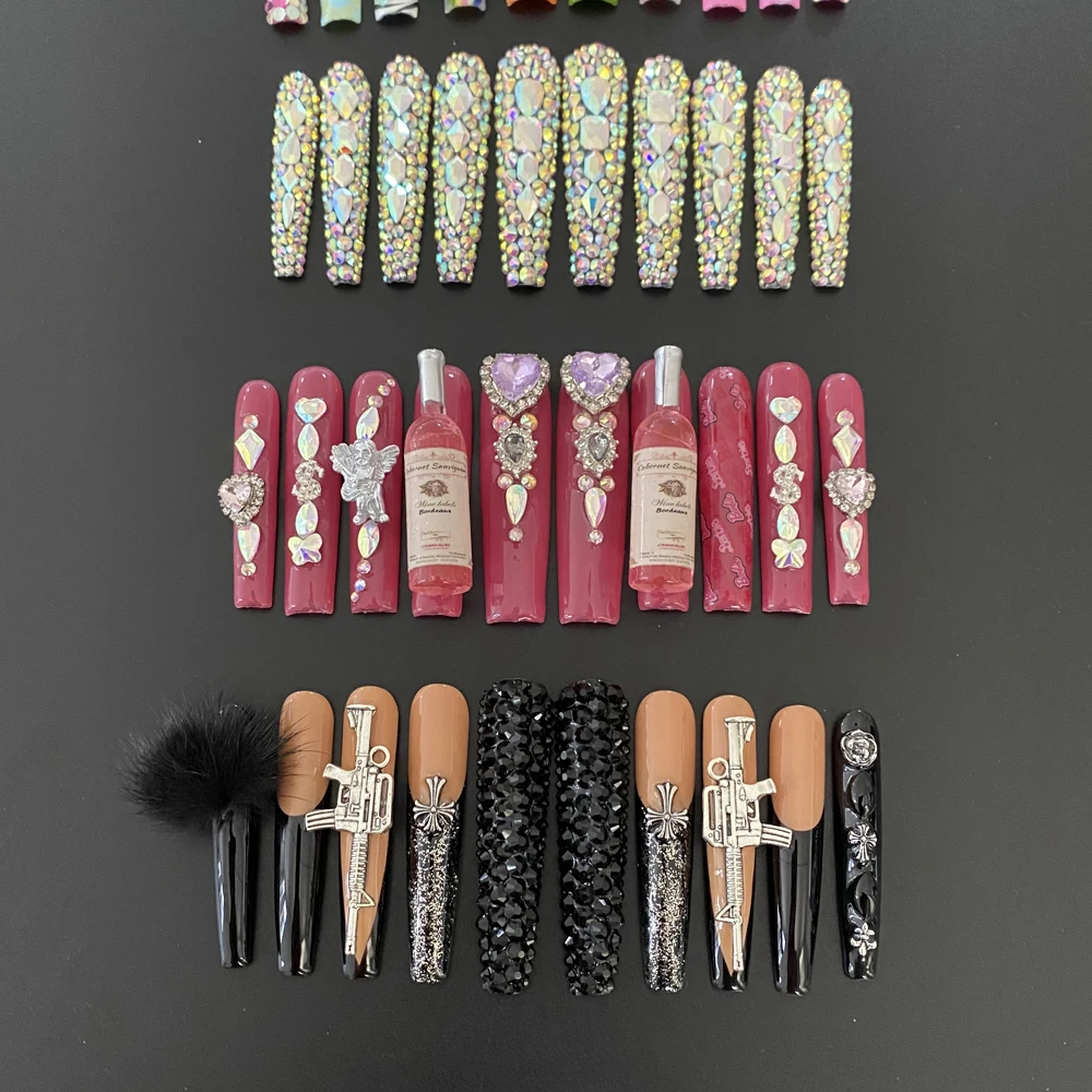 Hand Crafted Thick Acrylic Nails with Sexy Rhinestones Luxurious Custom Designed Wholesale 100% Handmade Extra Long Nails