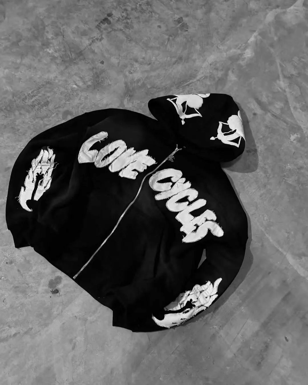 OEM Custom Sweatsuit Two Piece Tracksuit Applique Distressed Embroidery Tracksuit Double Layer Sweatpants and Zip up Hoodie Sets gallery 7