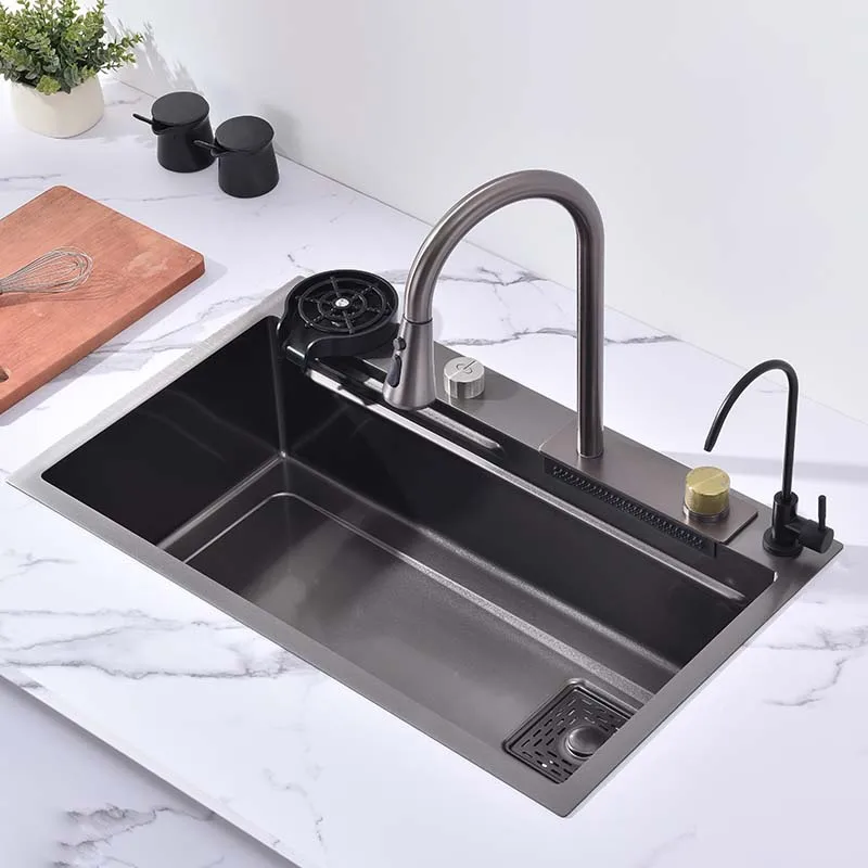 Edelstahl Spüle Mit Wasserfall-Armatur - Küchenspüle 75cm Schwarz