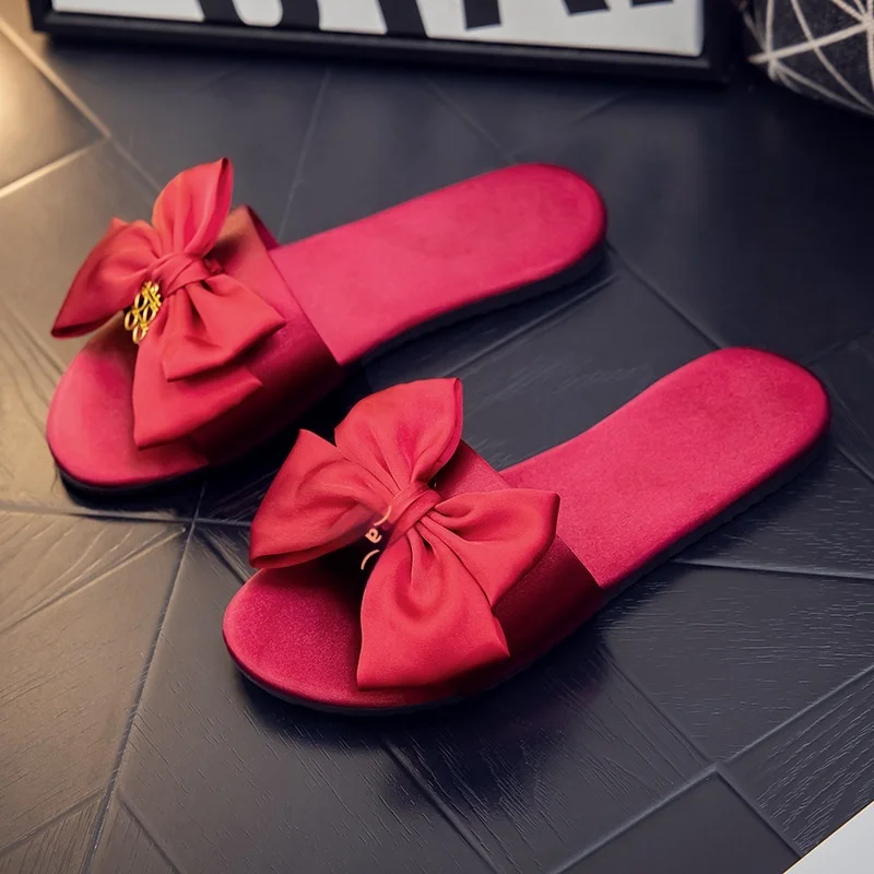 Factory Direct Sale Red Open Toe Wedding Slippers Sandals for Spring Summer Cotton Fabric Lining Fur One Piece Dropshipping