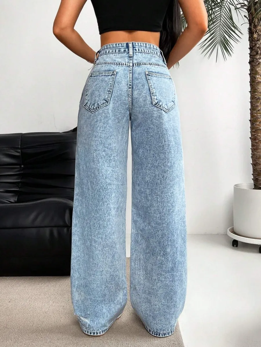 European and American Denim Ripped Washed High Waist Straight-leg Versatile Slimming Spring Jeans for Women
