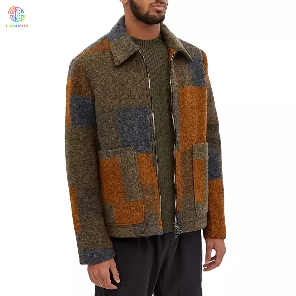 Lanwo Oem Custom Two Zip Way Closure Front Pockets Color Block Wool Jacket for Men