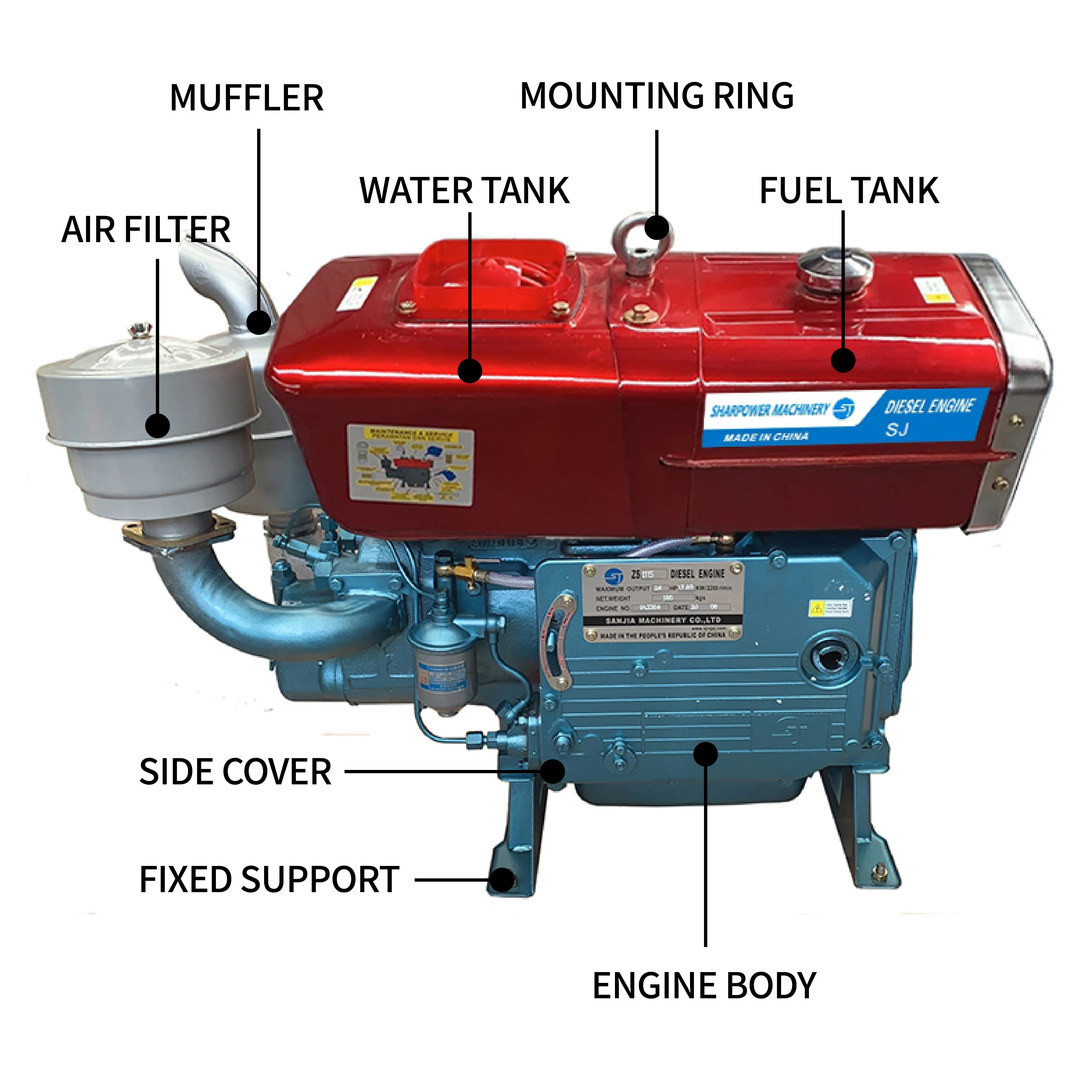 SHARPOWER Single Cylinder ZS1115 22HP 24HP Mining Diesel Engine Water-Cooled with Kick Start BRAND Model