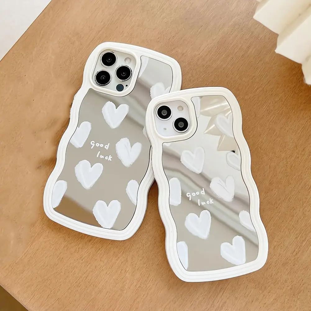 Case for iPhone 16 Pro Max Cute Heart Mirror Curly Wave Frame Shape Slim Silicone Shockproof Protective Cover with White Hearts factory