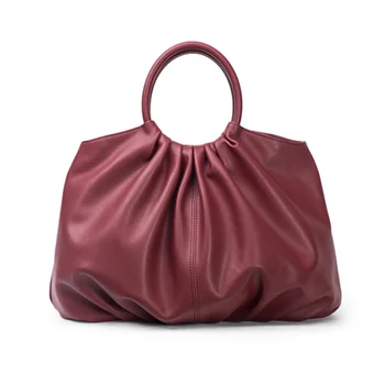 2021 Fashion Designs Premium Women Large Capacity High End Red Wine Color Genuine Leather Handbags Factory in China