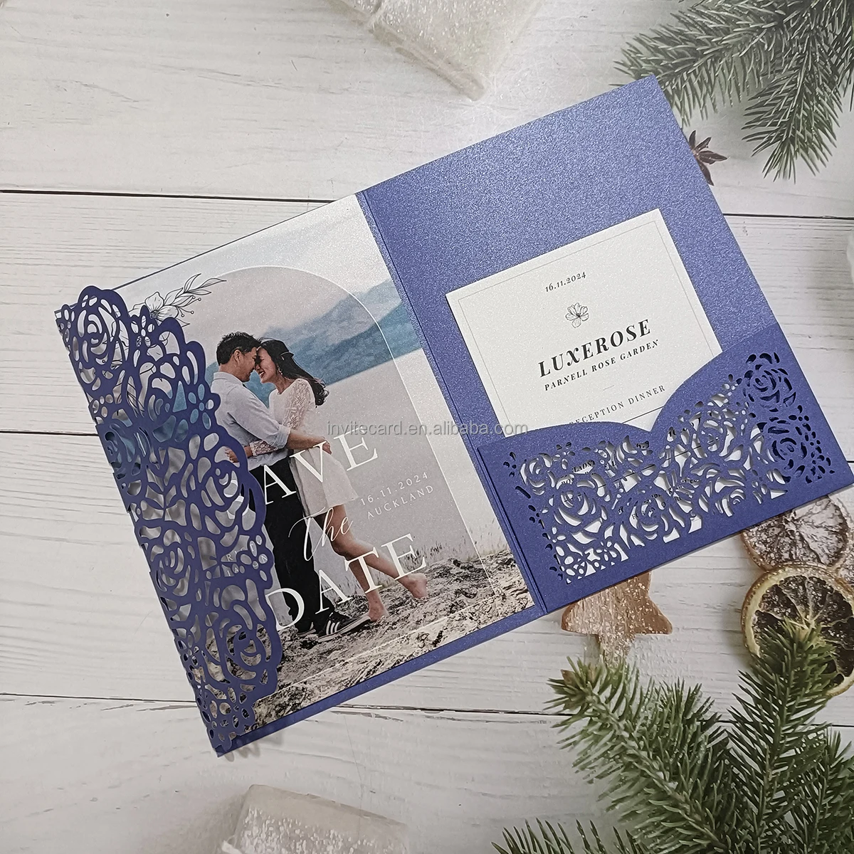 Rose Laser Cut Trifold Pearl Paper Pocket Fold Wedding Invitation Cards ...