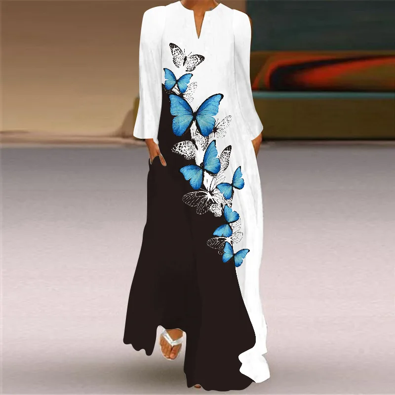 Long Sleeve Casual Beach Dresses Women Butterfly Print Long Straight Dress  Plus Size