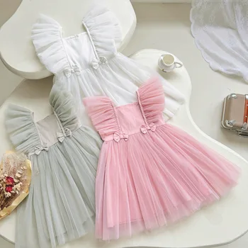 Girls gauze skirt flying sleeve bow girls' chiffon skirt 2024 Summer new fashion baby princess dress pettiskirt