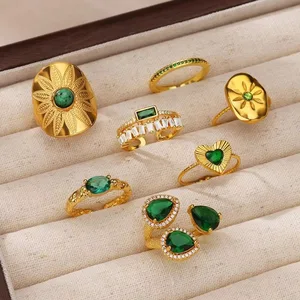 MW Wholesale Women's Trendy Retro Style Ring Natural Stone Stainless Steel Advanced 18K Gold Plating Geometry Fashion Ring