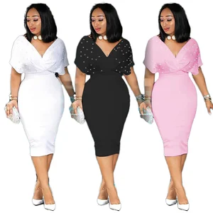 Customize New Arrivals Women's Solid Color Bandeau V-Neck Short Sleeve Summer Draped Back Zipper Bubble Casual Party Dress