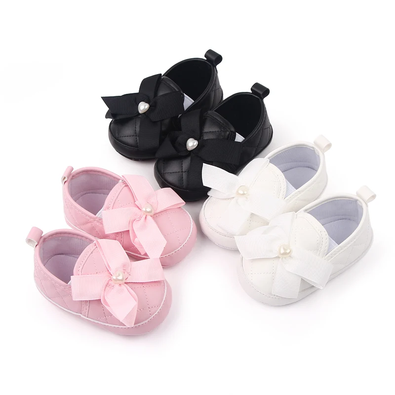 Soft Soled Big Bow Infant Shoes Diamond Check PU Leather Shoes 0-1 Year Old Baby Girls Walking Shoes