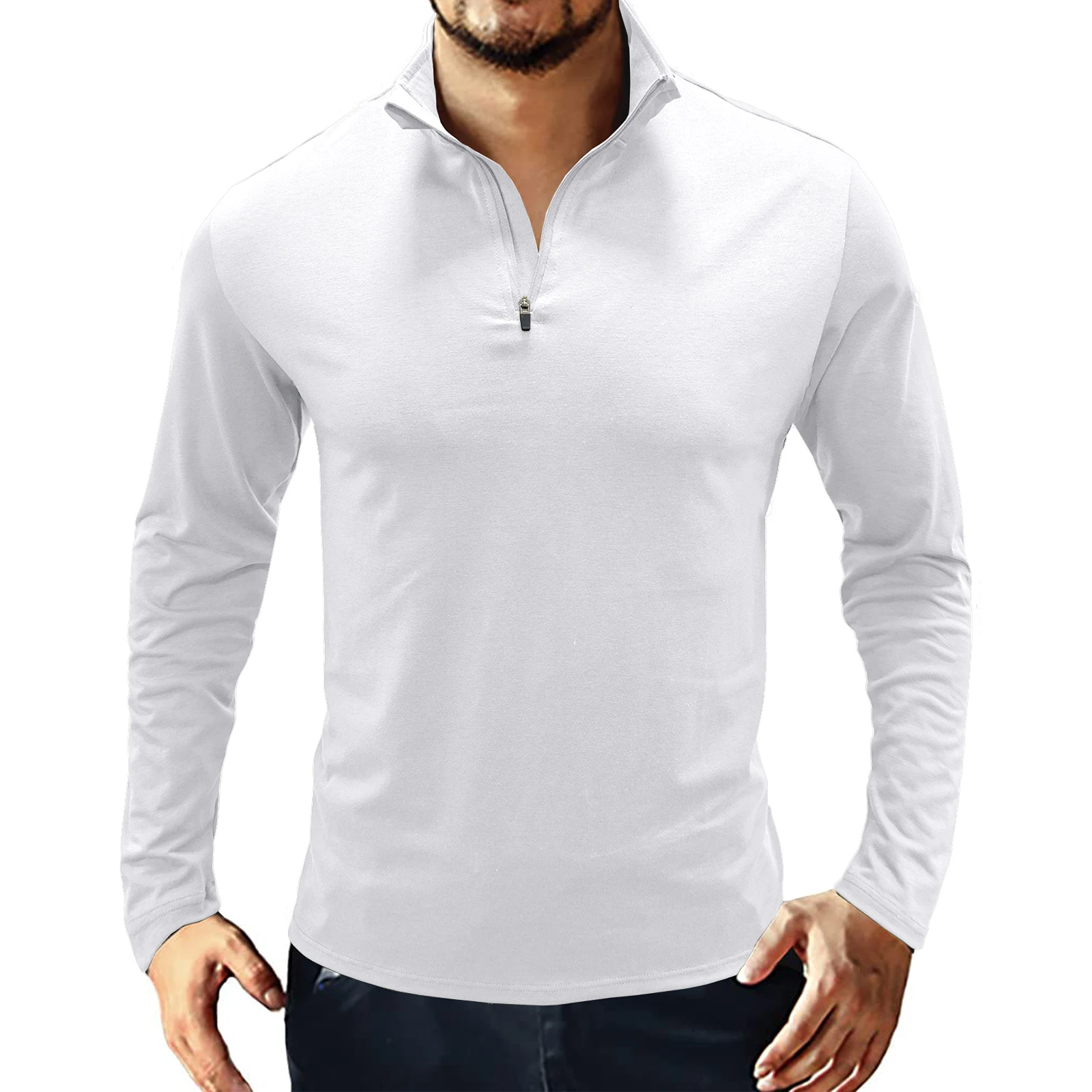 T-shirt da uomo Europea Americana colletto rialzato pullover con cerniera Polo camicia da combattimento a maniche lunghe da allenamento957_voghion.com