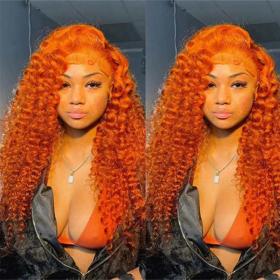 Perruque frontale en dentelle ondulée profonde orange gingembre perruques de cheveux humains en dentelle frontale transparente HD cheveux bouclés colorés_voghion.com