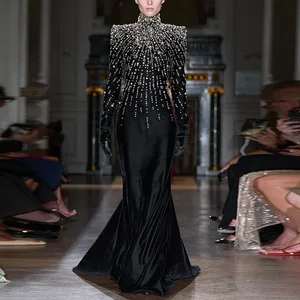 Luxury Black Velvet Rhinestone Long Dress Women 2025 High Neck Slim Fit Mermaid Gown Full Sleeve Formal Maxi Evening Dresses