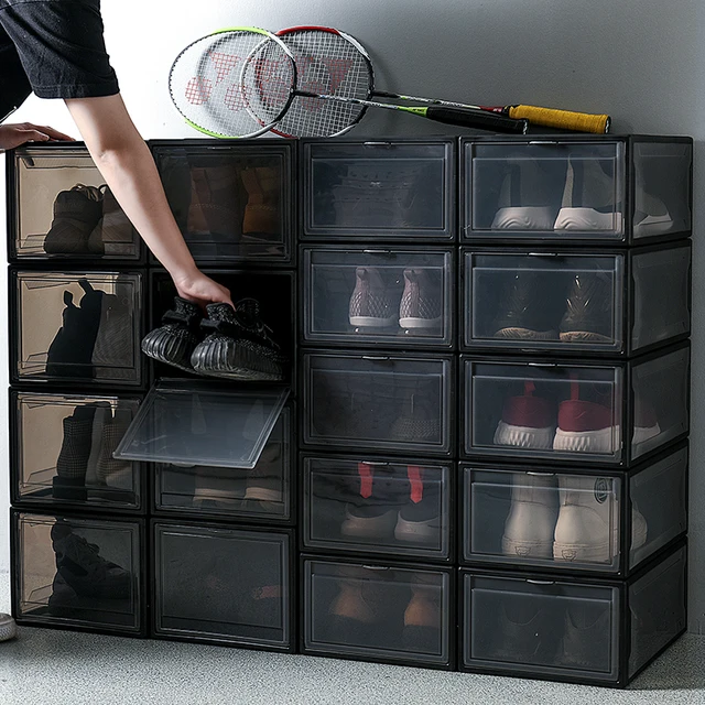 Plastic Sneaker Shoes Storage Box Organizer Plastic Stackable Shoe Box Case Home Drop Front Shoe Storage Container