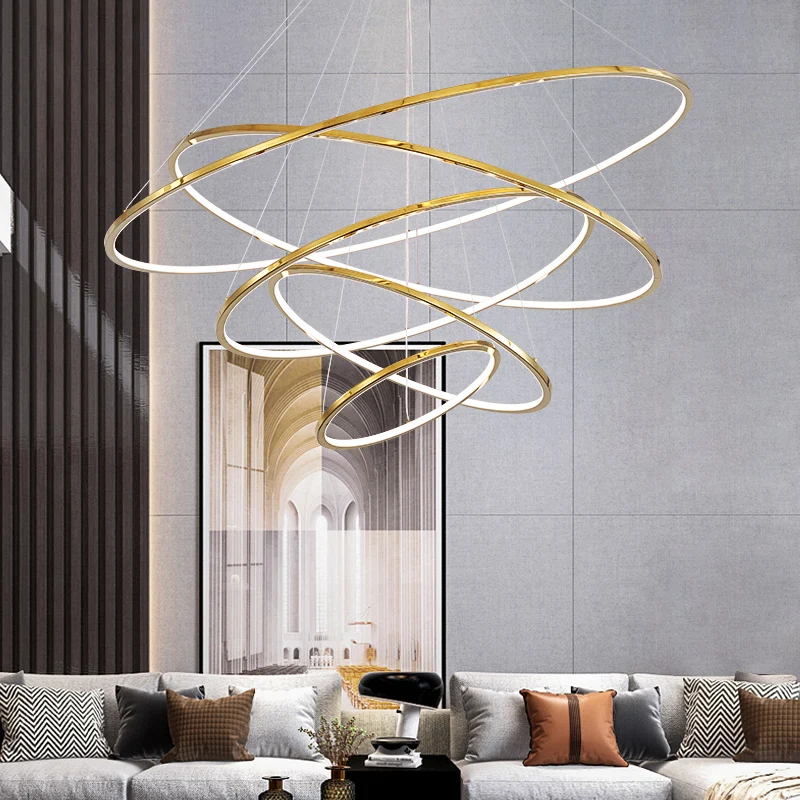 Nordic Luxury Modern Design Simple Hanging Hotel Bedroom Living Room Gold Aluminum Circle Led Chandeliers