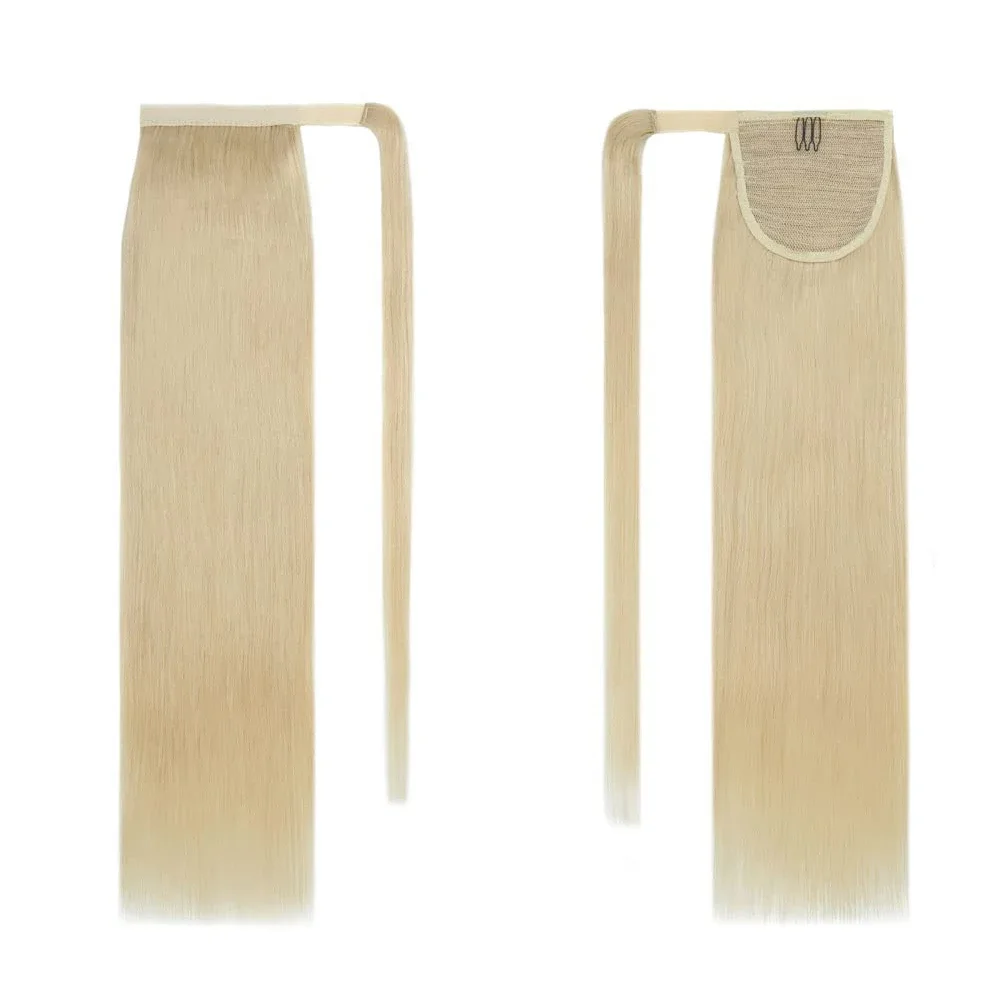 Straight Ponytail Human Hair Extensions 613 Blonde Color Wrap Around Clip in Hairpiece For Women_voghion.com