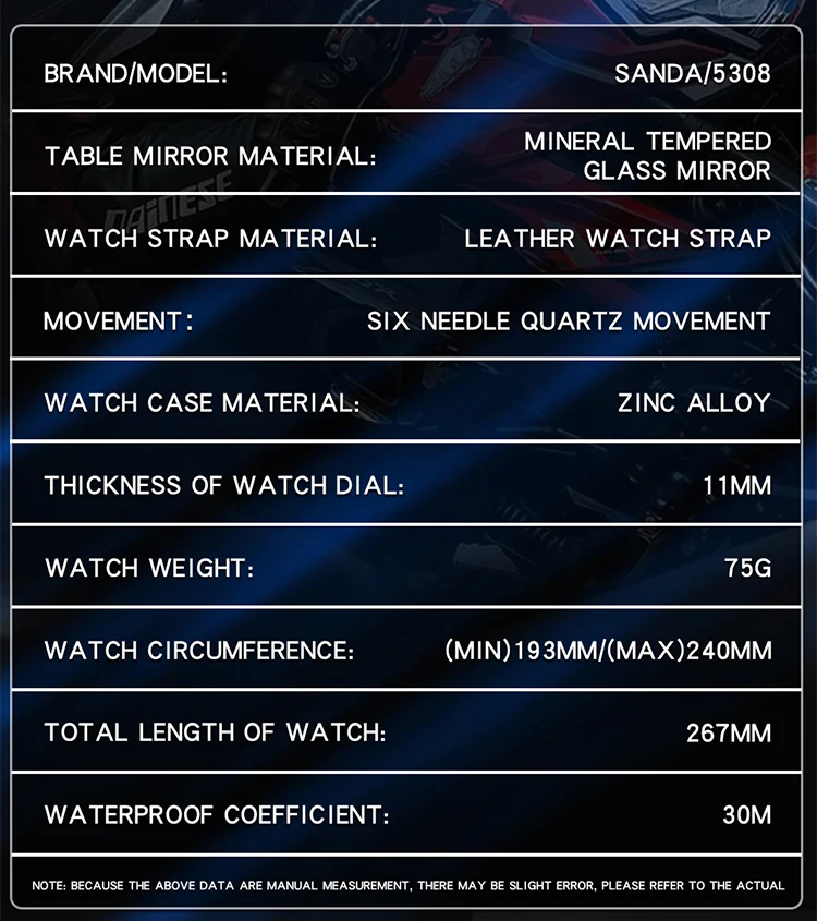 SANDA 5308 New Luxury Quartz Watch for Men Multifunction Date Waterproof Fashion Sport Wristwatch Male Clock Relogio Masculino