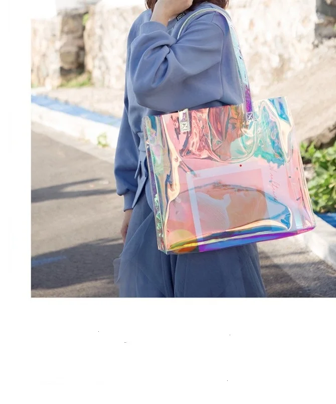 2Pcs Clear Laser Tote Bag Set, Trendy PVC Shoulder Bag With Inner Pouch,  Women's Holographic Travel Beach Bag