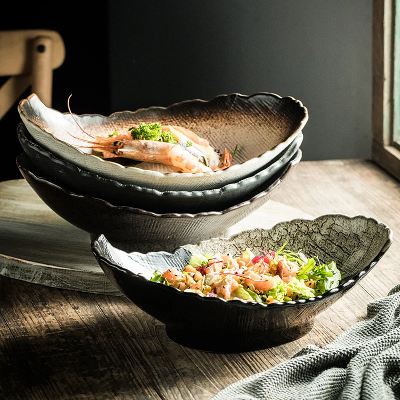Retro Japandi Style Double-Pointed Curved Large Salad Bowl Creative Ceramic Tableware Set Sustainable Pottery Bowls for Parties